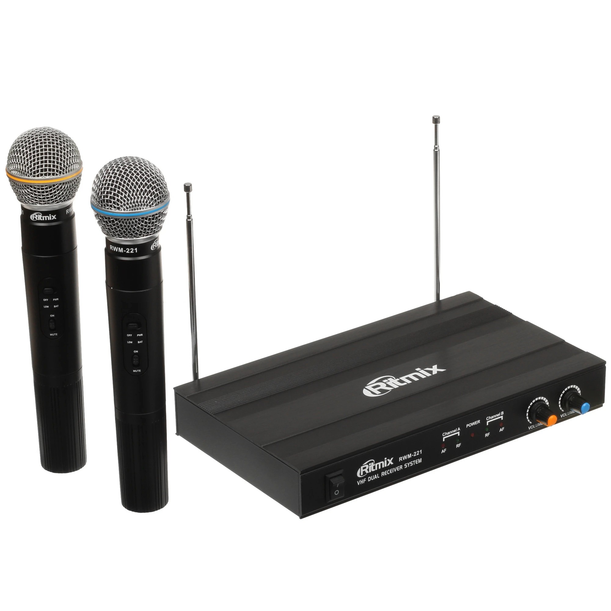 RITMIX RWM-221 black {2 микрофона, 87.5 - 92 МГц,  2 канала, ±0,005%, 40-20000 Гц, 600 Ом, –60±3 дБ, 80 дБ, макс девиация: 10 КГц}