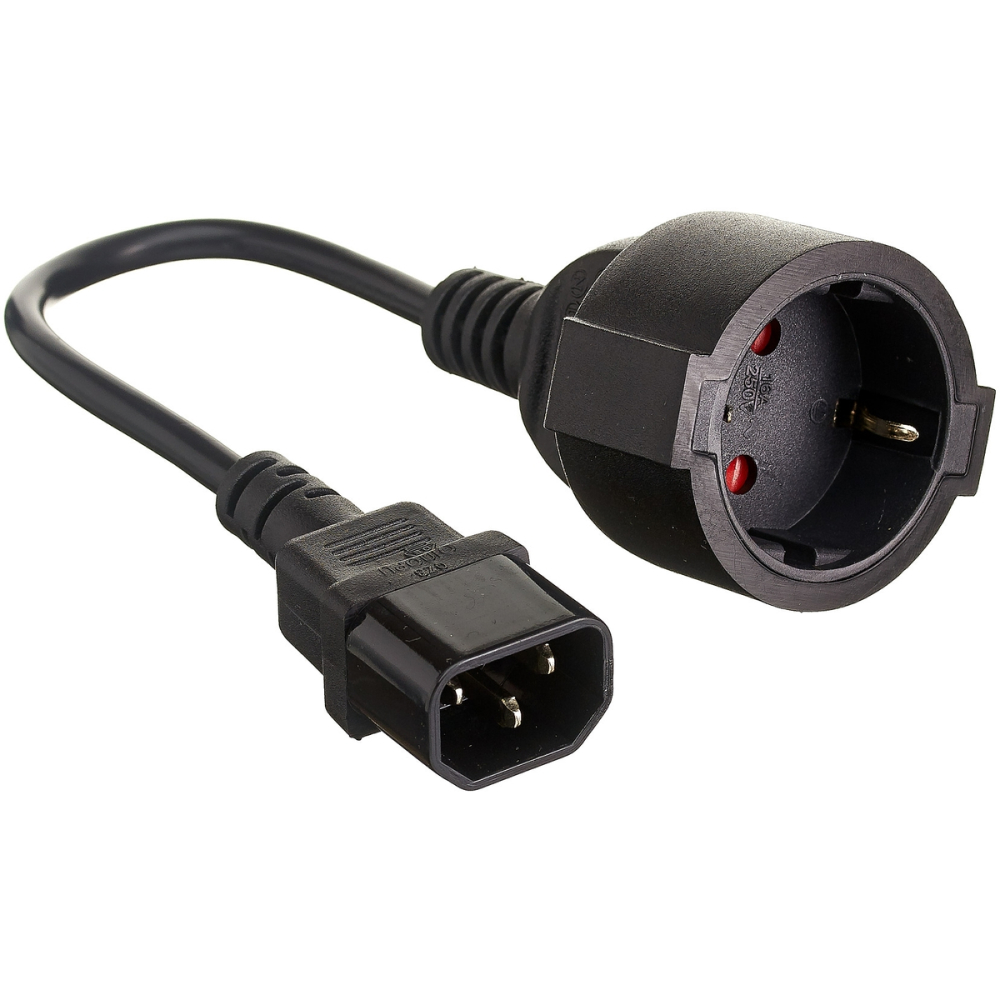 Exegate EP280681RUS Кабель-переходник (UPS->розетка) ExeGate Power EC-30P (C14->Евророзетка Schuko) VDE-250V-3*0.75mm2, медь, черный, 0.15м.