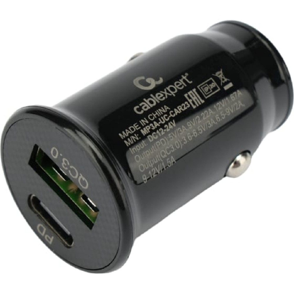 Cablexpert Автомобильное зарядное устройство 20Вт, 3А, QC3.0/PD, 1xUSB, 1xType-C, черный, пакет (MP3A-UC-CAR23)