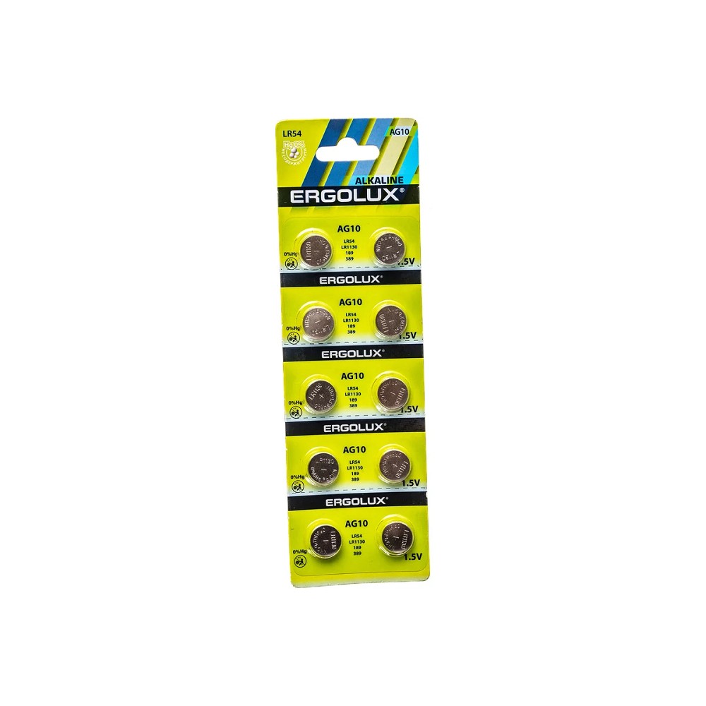 Ergolux AG10  BL-10 (AG10-BP10, LR54 /LR1130 /189 /389 батарейка для часов)(10 шт. в уп-ке)