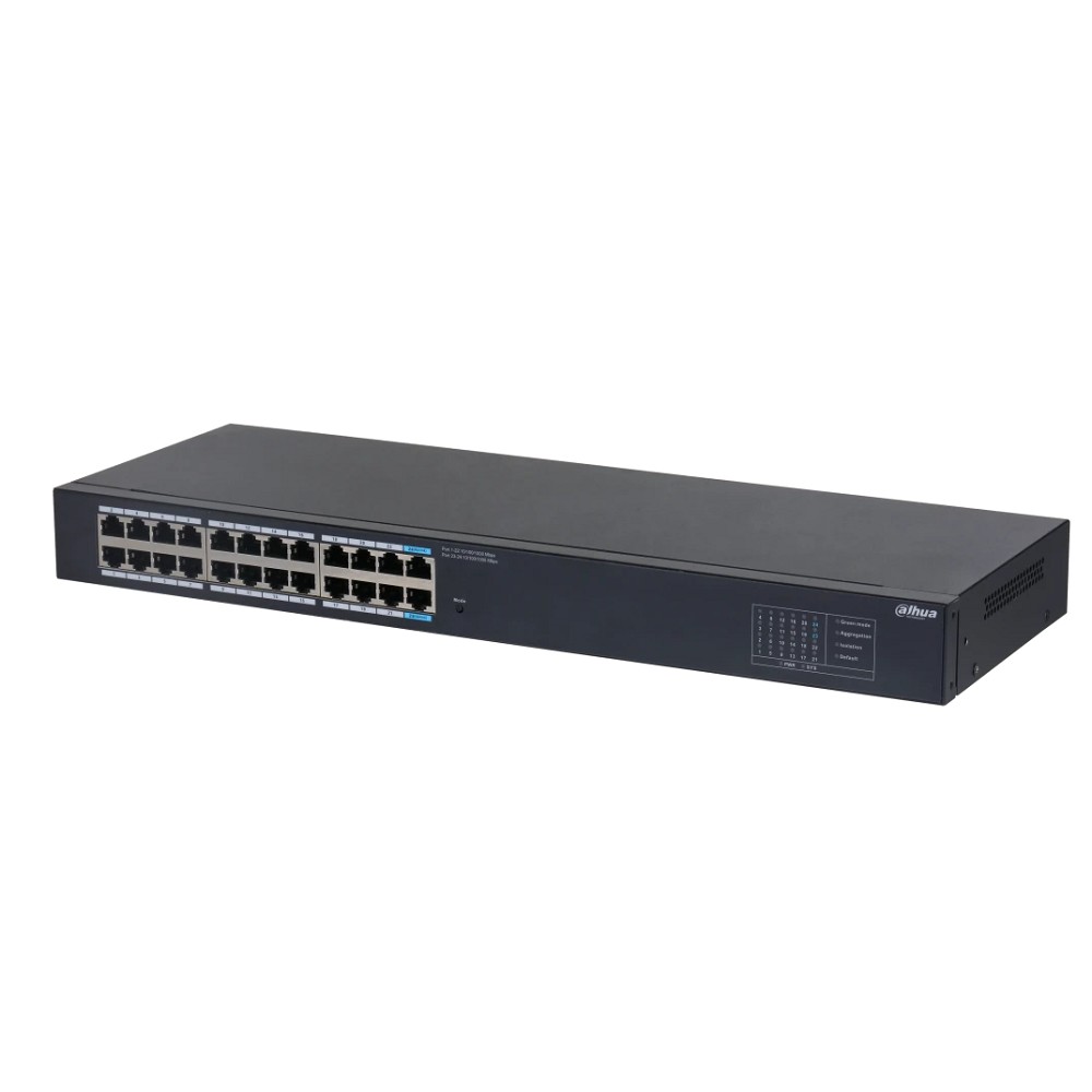 DAHUA DH-SG1024 24-портовый гигабитный неуправляемый коммутатор, 22xRJ45 1Gb, 2xRJ45 1Gb uplink, коммутация 48 Гбит/с, MAC-таблица 8K, металл
