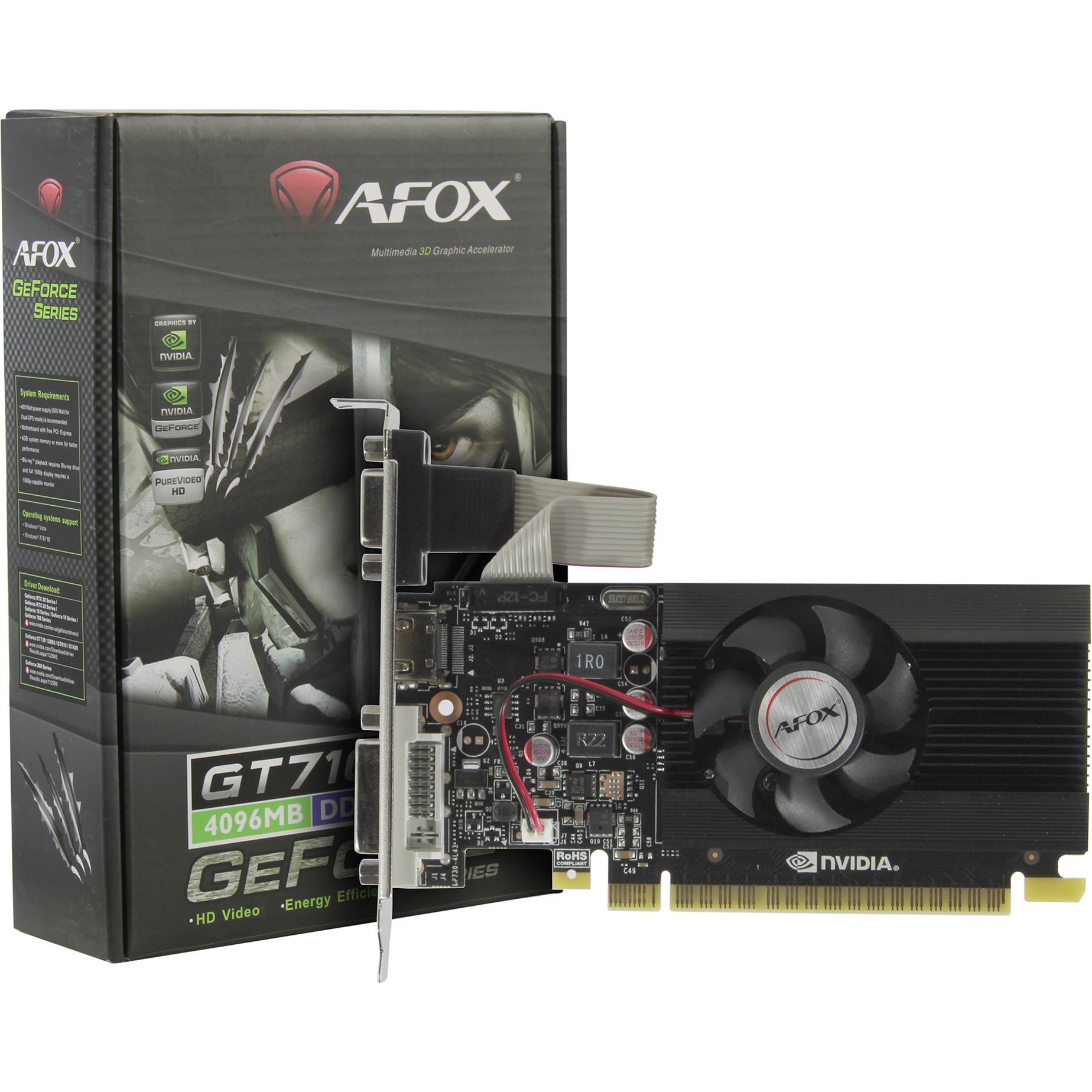 Видеокарта AFOX GT710 4GB 64bit DDR3 VGA/DVI/HDMI 1FAN  (AF710-4096D3L7-V1) RTL 