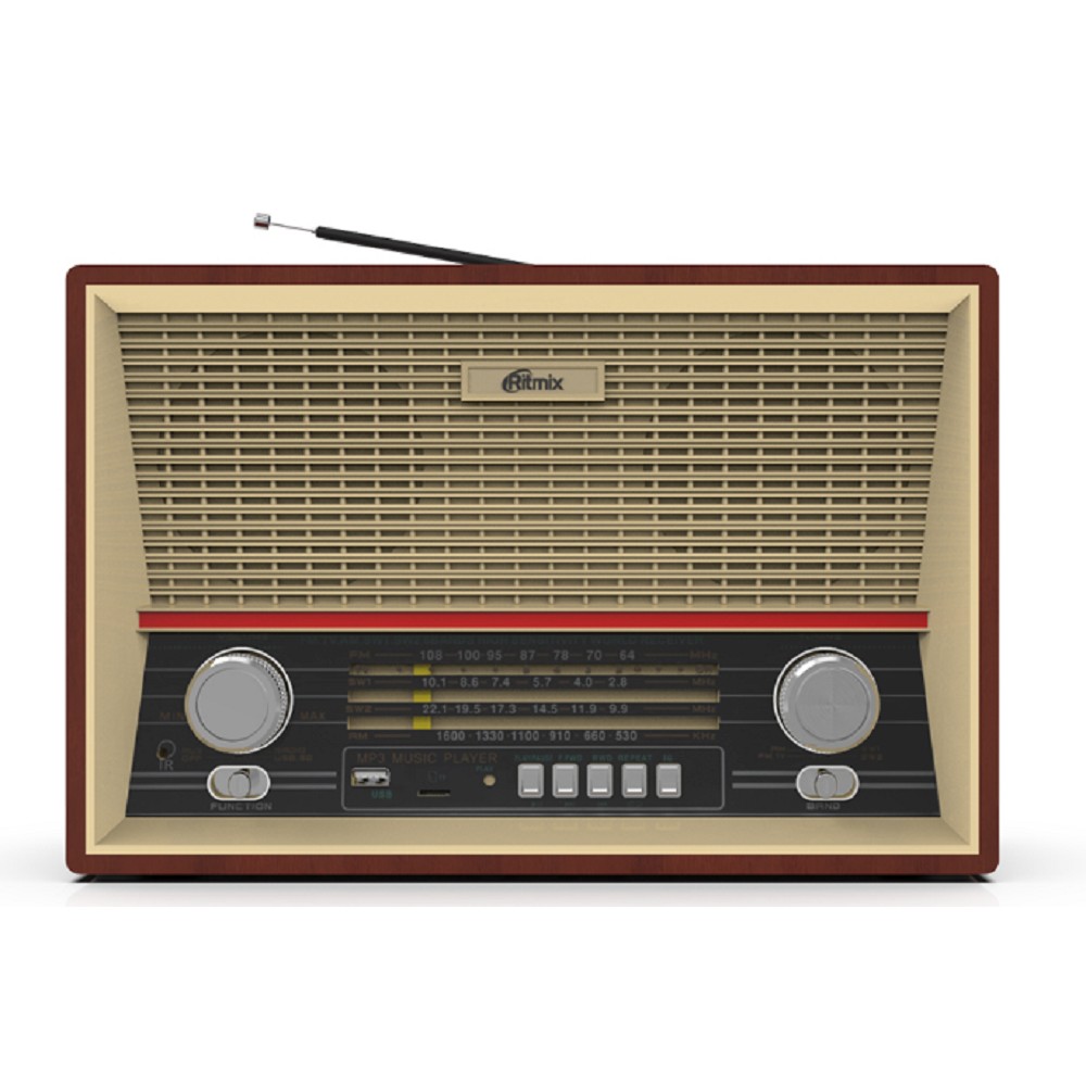 RITMIX RPR-102 WOOD {ФМ радиоприёмник 4-диапазонный (FM/AM/SW1/SW2), с разъемом для наушников, вход AUX, воспроизв. с micro SD карт памяти или USB флэш носителей,д/у}