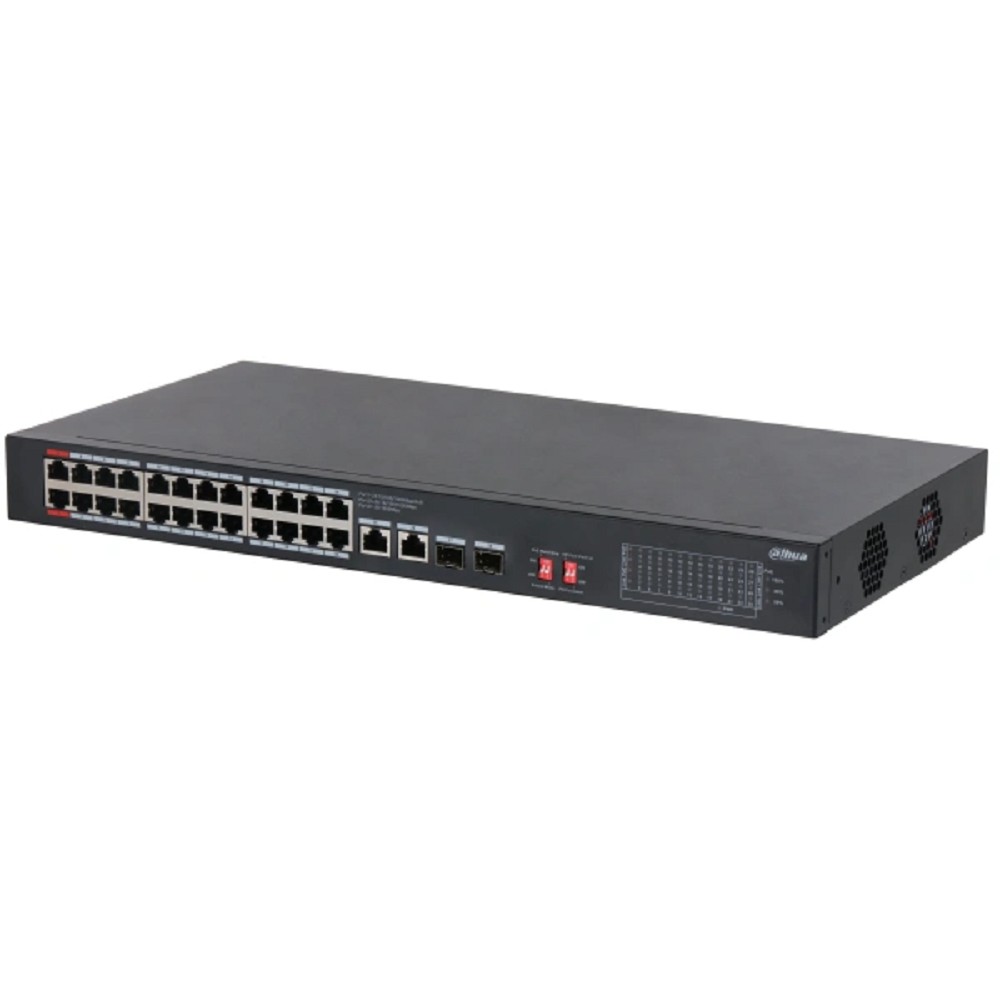 DAHUA DH-S3228-24GT-240 24-портовый неуправляемый гигабитный коммутатор с PoE, уровень L2 : 24 RJ45 10/100/1000Мбит/с (PoE/PoE+/Hi-PoE), 2 RJ45 10/100/1000Мбит/с (uplink), 2 SFP 1000Мбит/с (uplink)