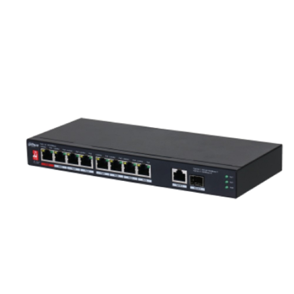DAHUA DH-PFS3110-8ET1GT1GF-96 10-портовый неуправляемый коммутатор с PoE, 8xRJ45 10/100Mb PoE, 1xRJ45 1Gb uplink, 1xSFP 1Gb uplink, суммарно 96Вт, коммутация 5.6 Гбит/с, MAC-таблица 8К, металл