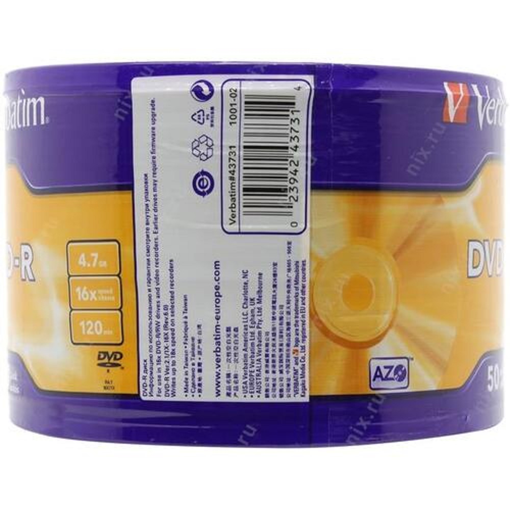Verbatim Диски DVD-R 4.7Gb 16-х, 50шт. Shrink (43731)