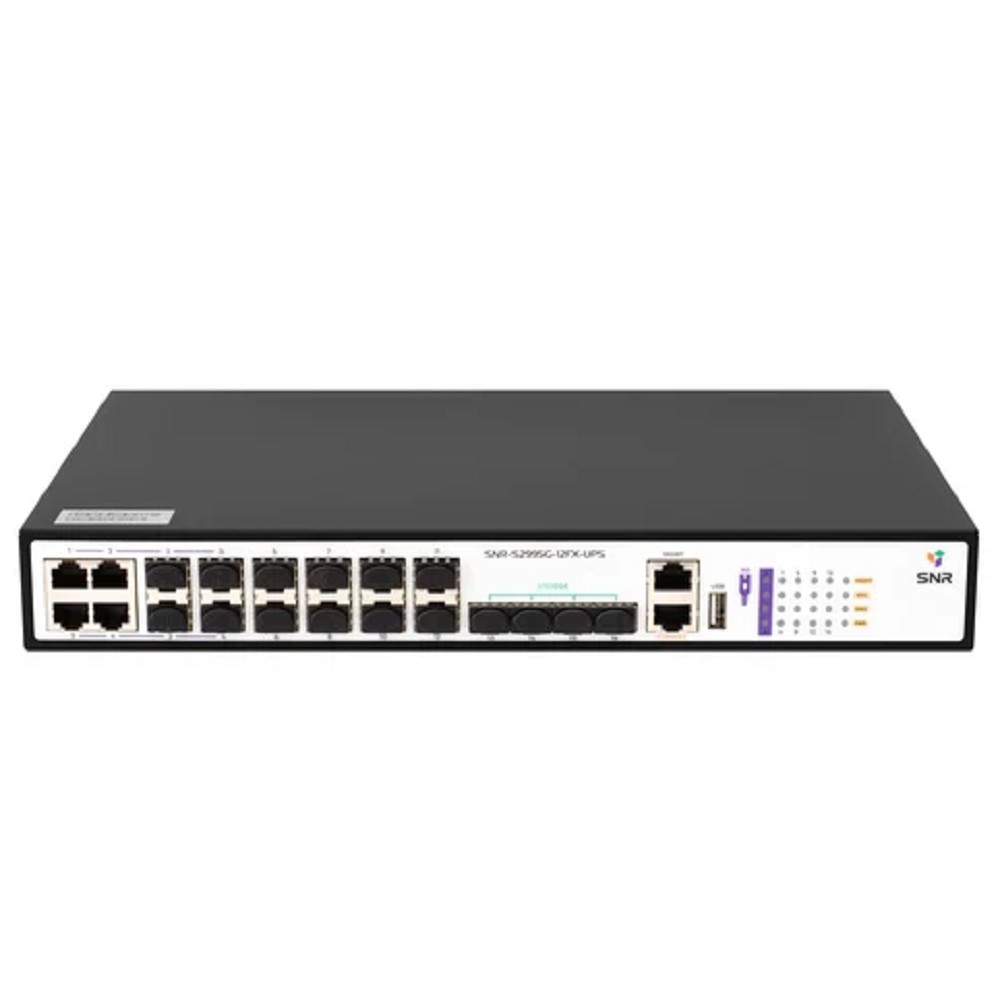 SNR SNR-S2995G-12FX-UPS Управляемый коммутатор уровня 3, 8 портов 100/1000BaseX SFP, 4 порта Combo 10/100/1000Base-T|100/1000Base-X SFP, 4 порта 1/10G SFP+, встроенный БП ~220V AC, разъем для АКБ 12V 