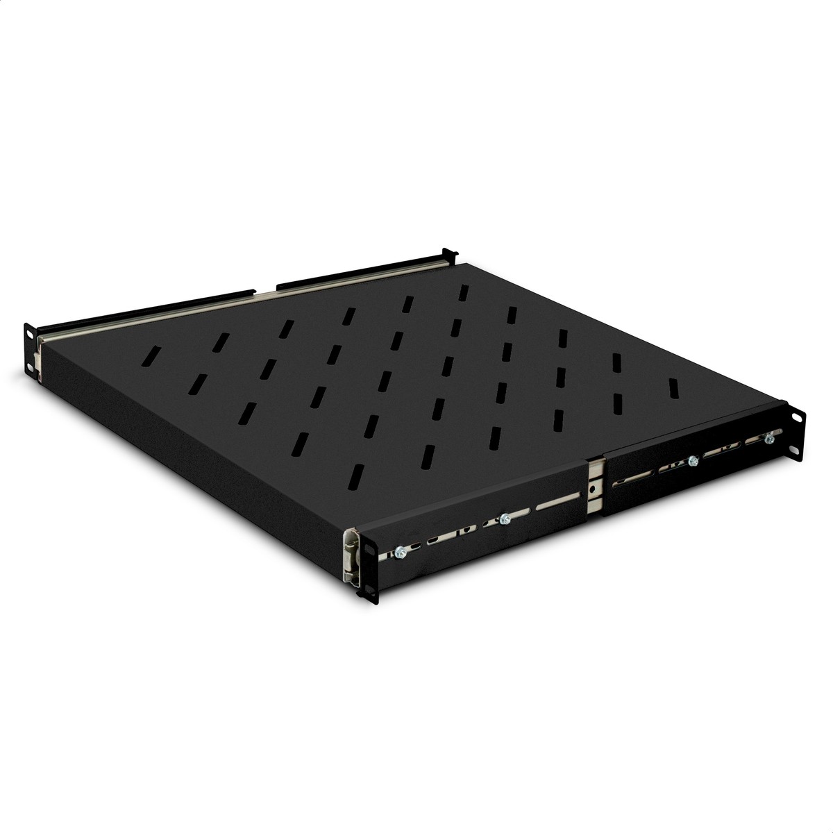 Exegate EX301147RUS Полка выдвижная 19" ExeGate ECSS-FS800-B (перфорированная, глубина 475мм, крепление 19" 1U, для напольных шкафов и стоек глубиной 800мм/1000мм, нагрузка до 40кг, цвет черный RAL 90