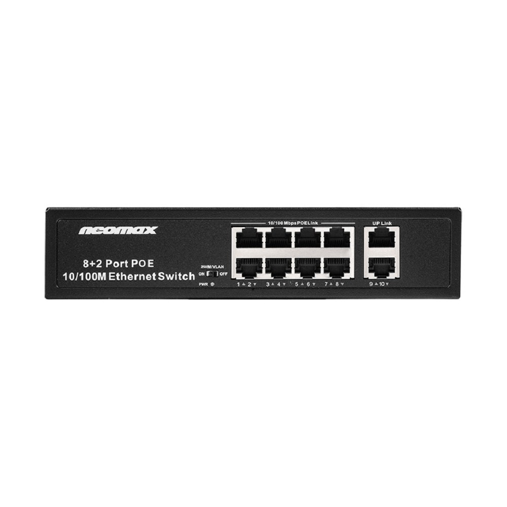 NEOMAX неуправляемый коммутатор NMS-110PoE-100-S, 10 портов 100 Mbps, 8xPoE+, 220W, металл