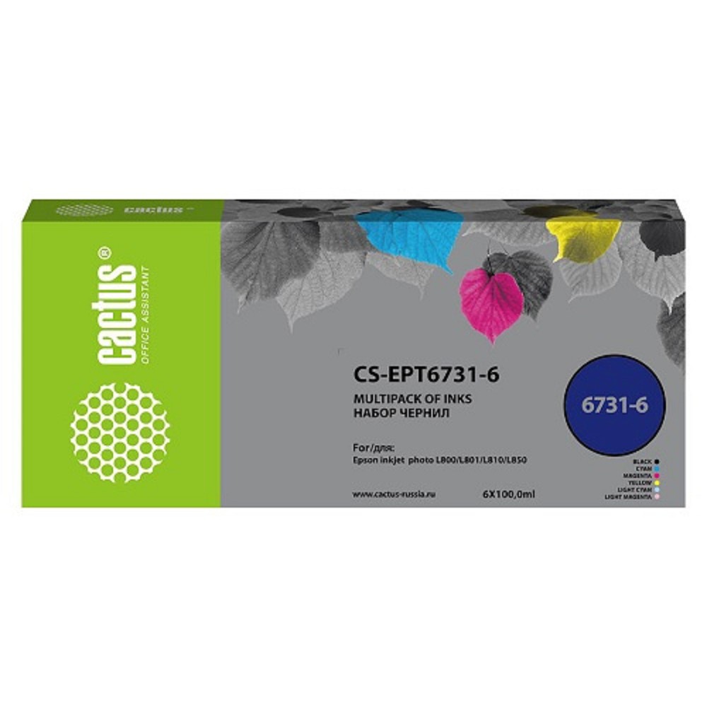 Чернила Cactus CS-EPT6731-6 черный/голубой/пурпурный/желтый/светло-голубой/светло-пурпурный набор 6x100 мл для Epson L800/L810/L850/L1800