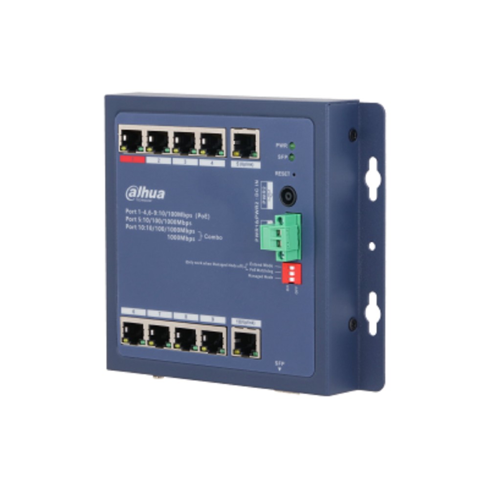 DAHUA DH-CHS4110-8ET-90-F 8-портовый PoE коммутатор управляемый: 8 RJ45 10/100Мбит/с , 1 RJ45 10/100/1000Мбит/с, 1 комбинированный SFP/RJ45 10/100/1000Мбит/с  до 90Вт IP30, IK06; плоский 