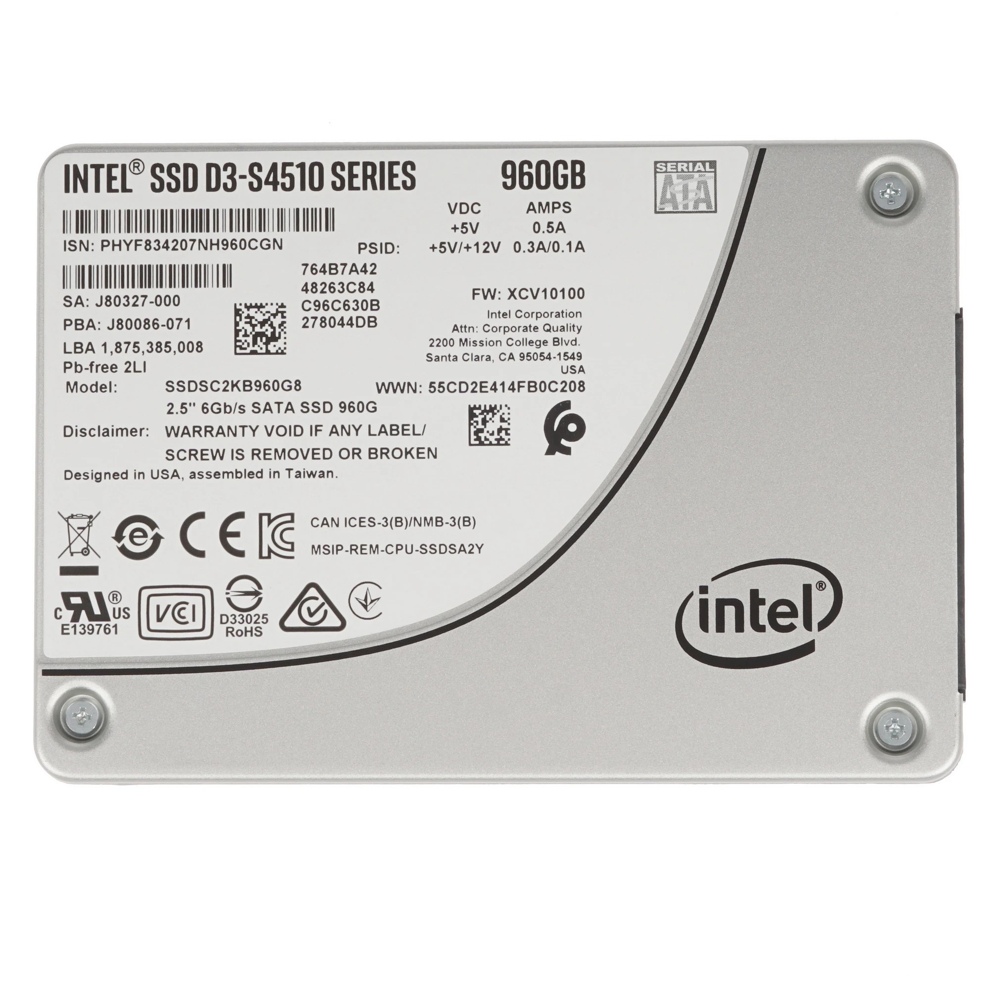 Intel SSD 960Gb S4510 серия  SSDSC2KB960G801 {SATA3.0, 2.5"} 