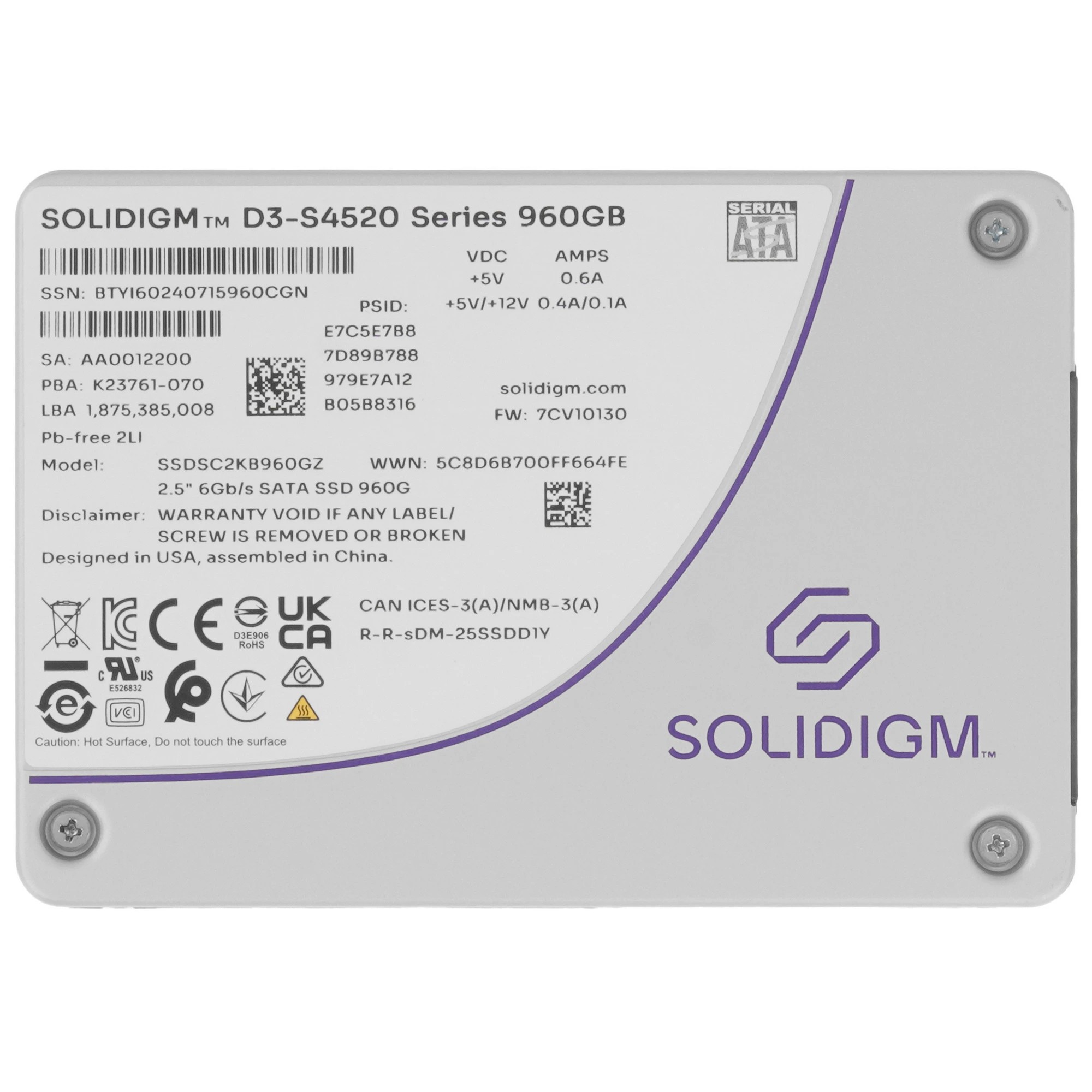 Solidigm SSDSC2KB960GZ1Z Solidigm SSD D3-S4520 Series, 960GB, 2.5" 7mm, SATA3, TLC, R/W 550/510MB/s, IOPs 90 000/43 000, TBW 5300, DWPD 3 (12 мес.)
