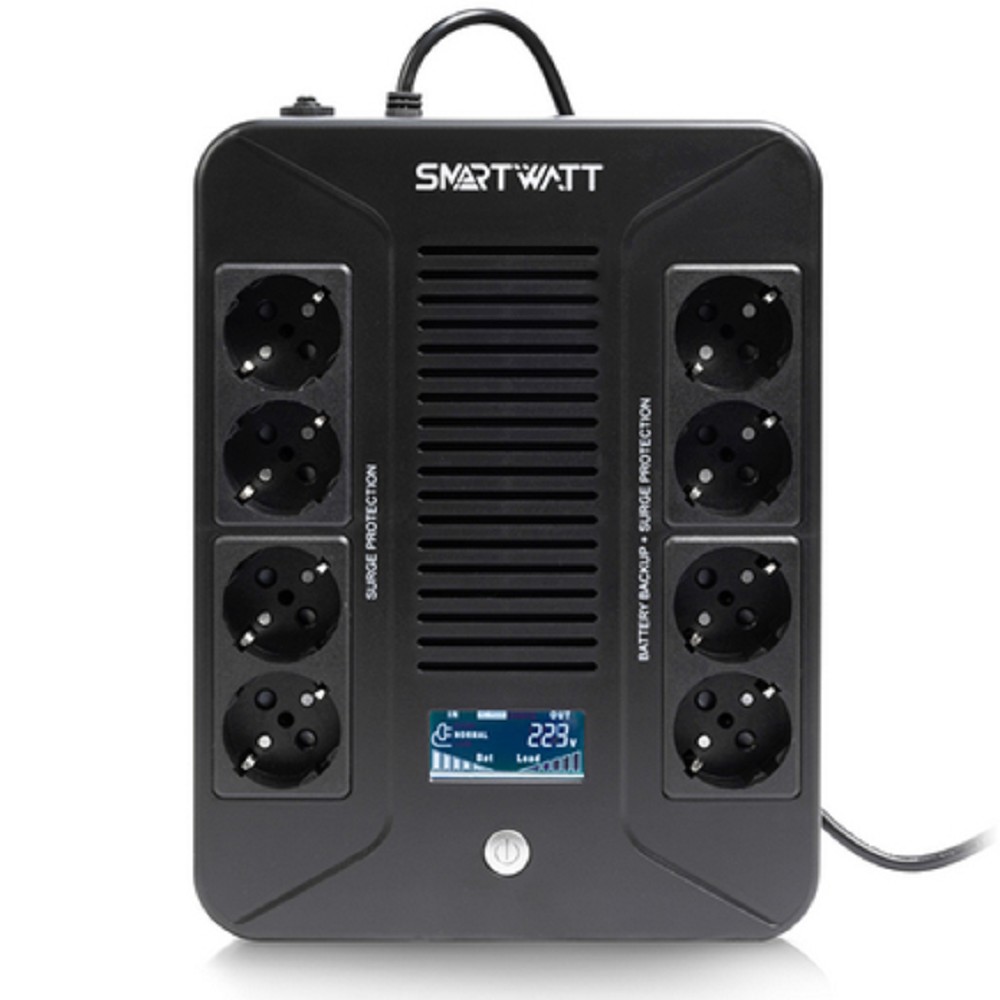 SMARTWATT UPS SAFE PRO LCD 800 {линейно-интерактивный, 800/480 ВА/Вт, напольный/настенный, LCD дисплей, Shuko CEE7/4 - 8 шт. (4 шт. с резервным питанием, 4 шт. - сетевой фильтр}