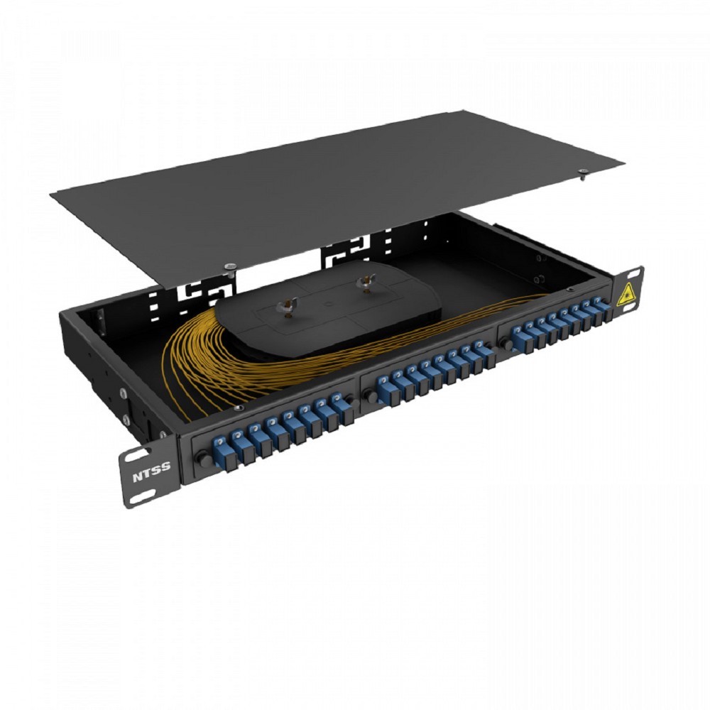 NTSS Кросс 19" NTSS PREMIUM, предсобранный 1U, 16 портов SC/UPC, 9/125 мкм, (сплайс, пигтейлы, кдзс, планки, адаптеры), черный, RAL9005 NTSS-RFOB-PM-1U-16-SC/U-9-SP1.5G1A-BL