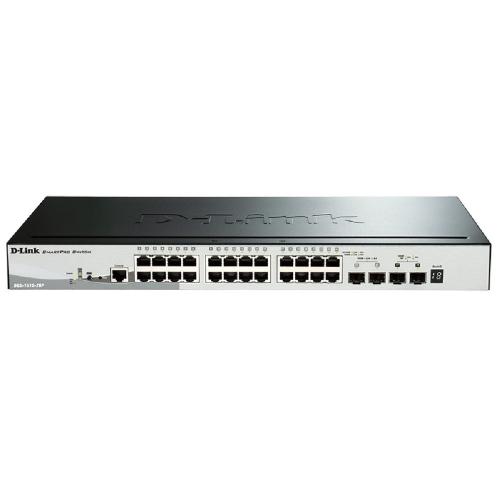D-Link DGS-1510-28P/A1A PROJ Управляемый L2+ стекируемый коммутатор с 24 портами 10/100/1000Base-T, 2 портами 1000Base-X SFP и 2 портами 10GBase-X SFP+ (24 порта PoE 802.3af/at, PoE-бюджет 193 Вт)