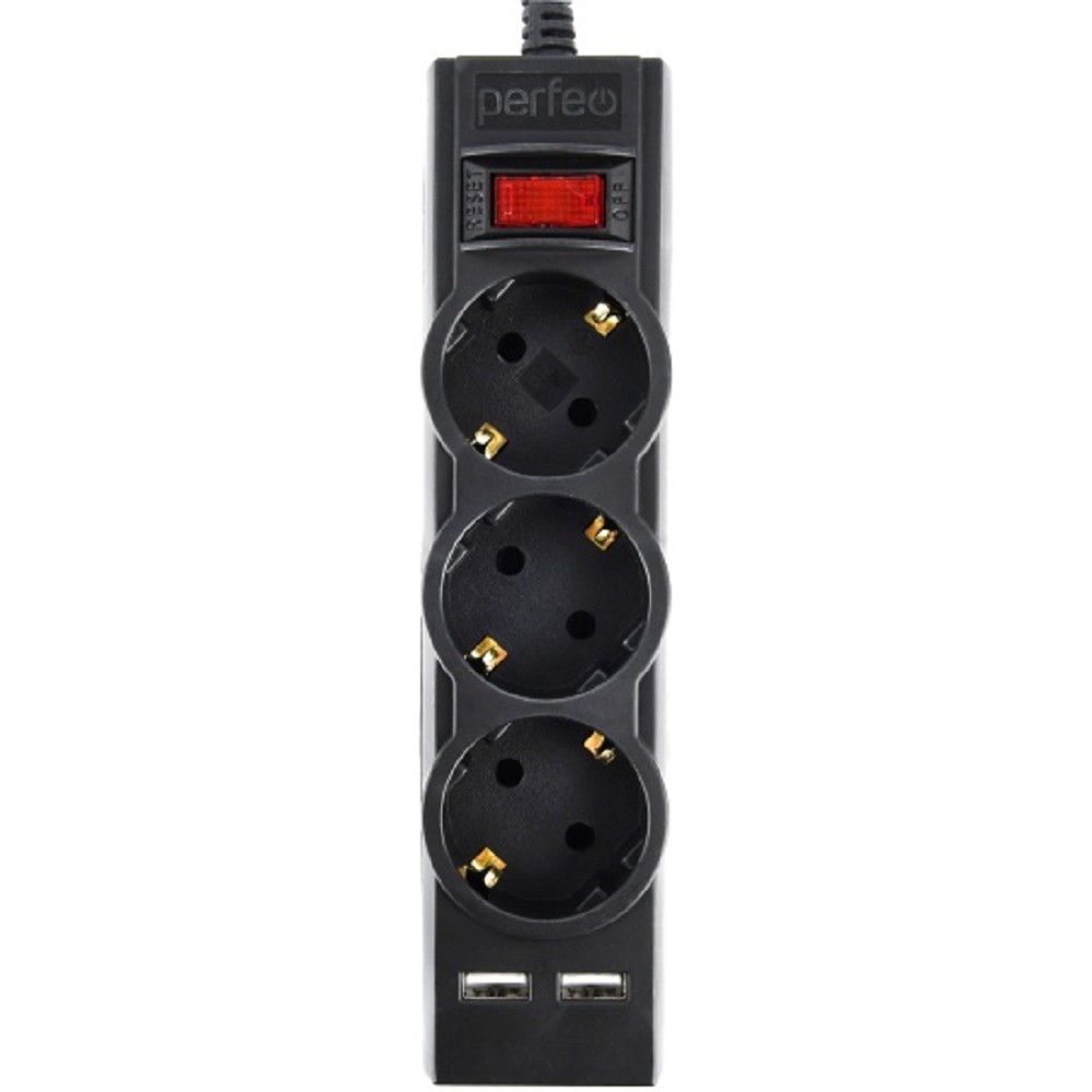 Perfeo сетевой фильтр "POWER-S", 3,0м, 3 розетки 10А, 2USB, 2500 Вт, двойная защита, черный.