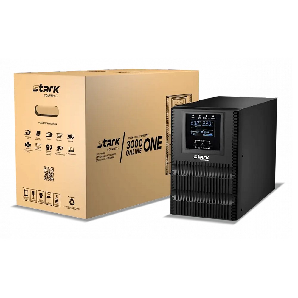 ИБП STARK SC 3000 ONLINE ONE 3000ВА/3000Вт БЕЗ АКБ {Online, на пол, 110-300В, 3хЕВРО, Smart-slot/USB/RS232/EPO, БЕЗ АКБ - внеш 8x 4,5-240Ач}{00-00017191}