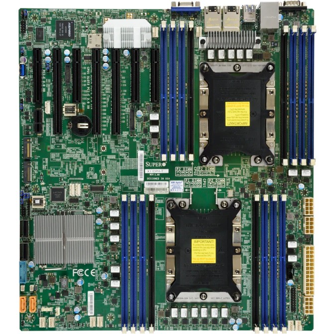 Supermicro MBD-X11DPH-T-B OEM E-ATX LGA 3647 Up to 2TB 3DS ECC RDIMM DDR4-2666MHz Up to 2TB 3DS ECC LRDIMM in 16 DIMM slots 10 SATA3 7 USB 3.0 ports 1 VGA port