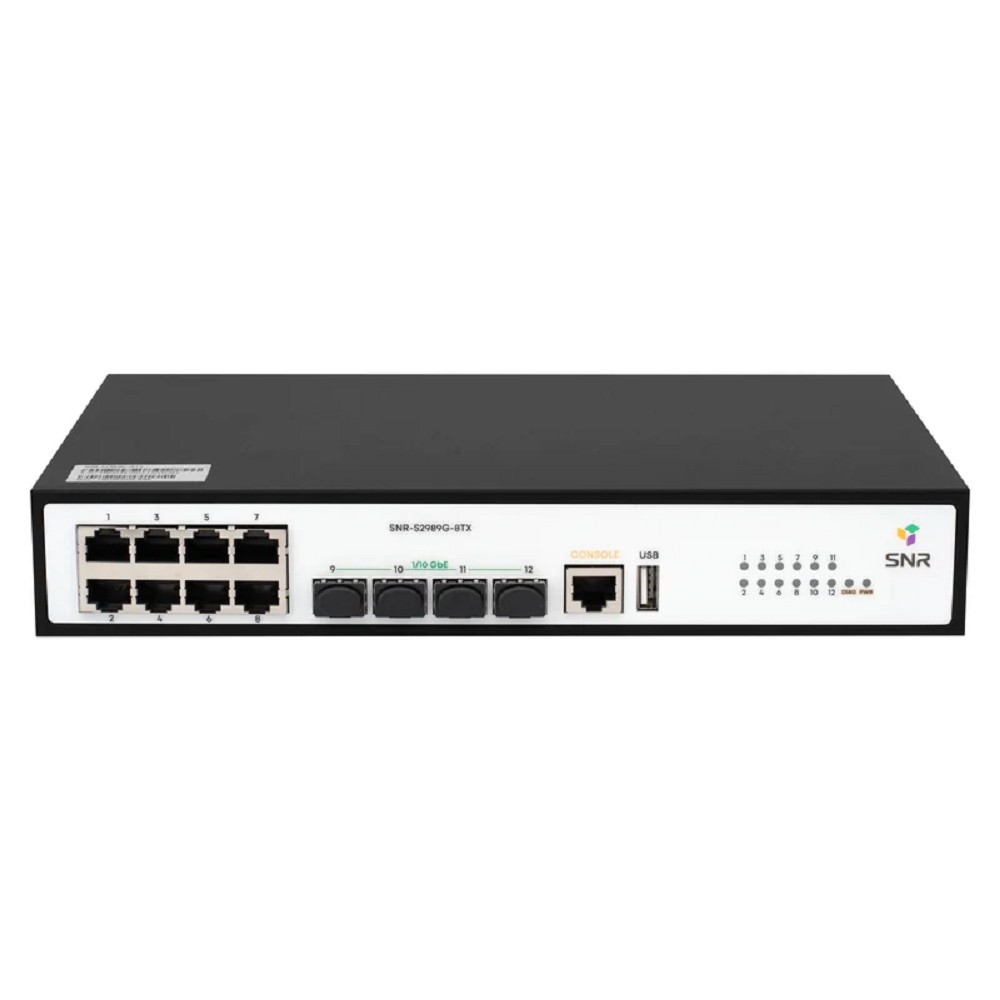 SNR SNR-S2989G-8TX Управляемый коммутатор уровня 2+, 8 портов 10/100/1000Base-T, 4 порта 1/10G SFP+, VSF HA, встроенный БП ~220V AC