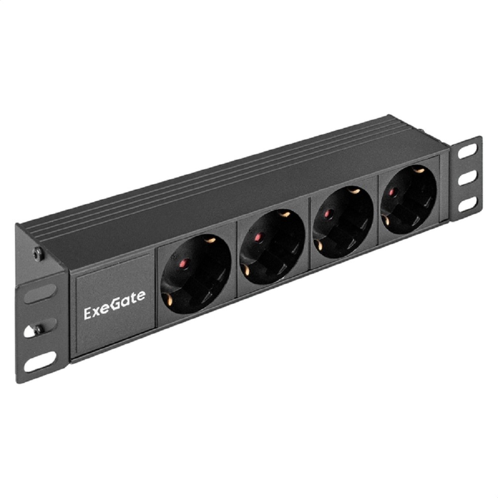 Exegate EX298596RUS Блок розеток 10" с разъемом C14 ExeGate ServerPro PDU-10H401 Al-4S-C14 (10", 1U, Алюминий, 4 Schuko, C14, (ШхВхГ): 274х45х45 мм, черный, RTL)