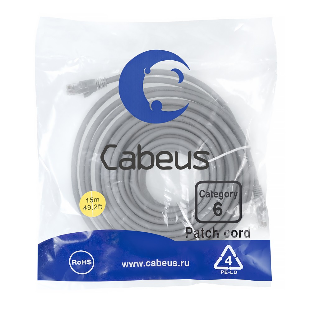 Cabeus PC-UTP-RJ45-Cat.6-15m Патч-корд U/UTP, категория 6, 2xRJ45/8p8c, неэкранированный, серый, PVC, 15м