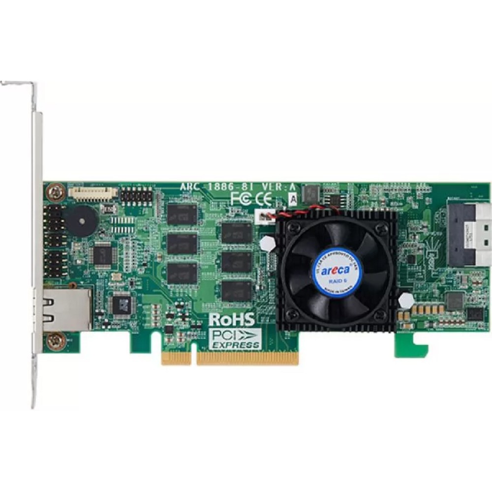 Areca RAID-контроллер Areca ARC-1886-8I PCIe 4.0 x8 Low Profile, NVMe/SAS/SATA 12G, RAID 0,1,5,6,10,50,60, 8port (1*int SFF8654 x8), Cache 8GB (аналог LSI 9560-8i 05-50077-01), RTL