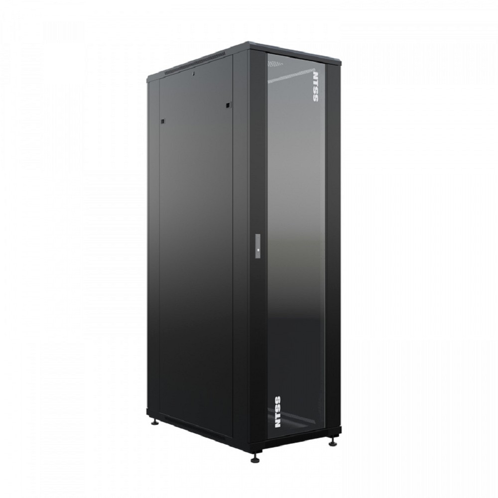 NTSS Шкаф напольный универсальный серверный NTSS R 47U 800х1000мм, 4 профиля 19, двери стекло и сплошная металл, боковые стенки съемные, регулируемые опоры, разобранный, черный RAL 9005 NTSS-R47U80100