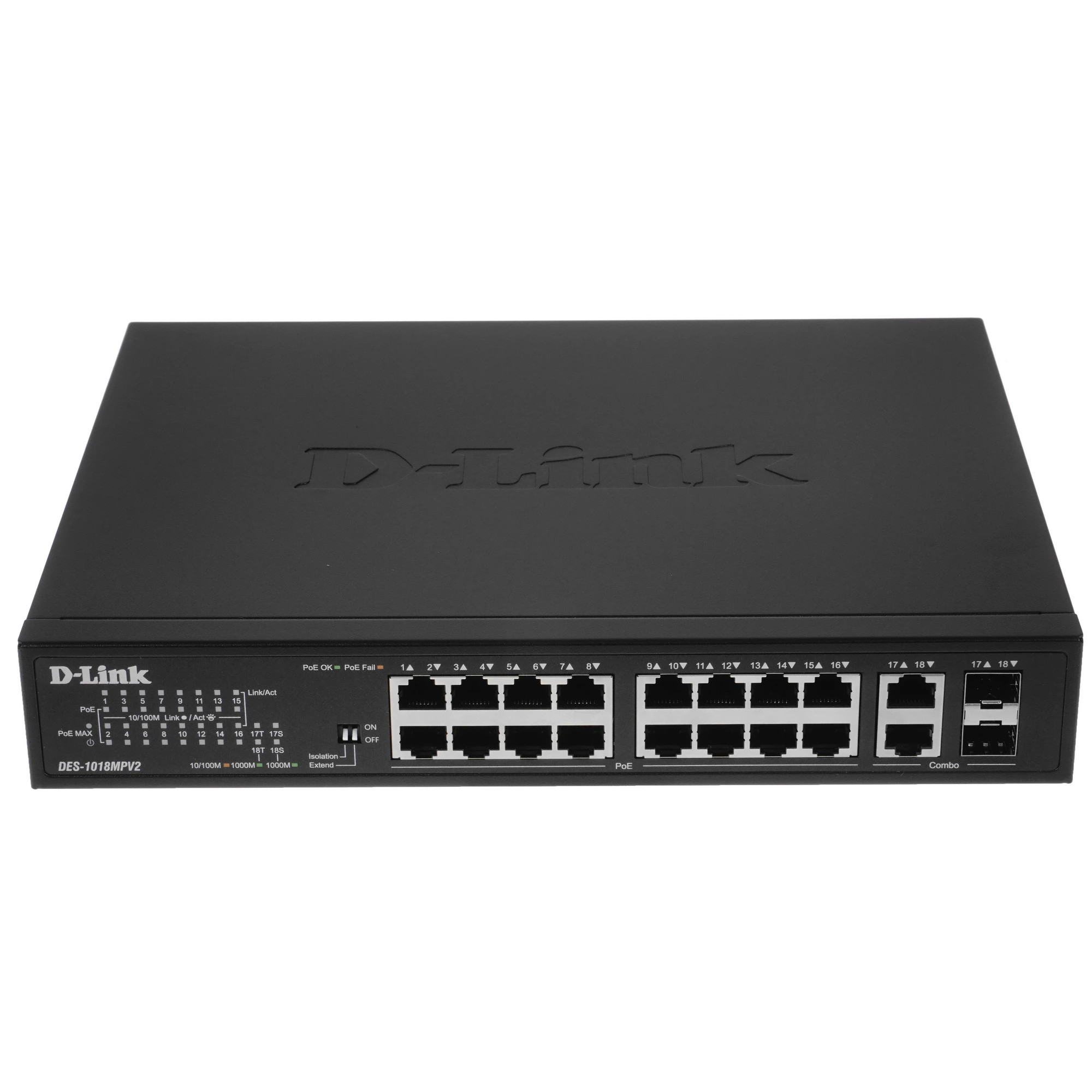 D-Link DES-1018MPV2/A1A Неуправляемый коммутатор с 16 портами 10/100Base-TX и 2 комбо-портами 100/1000Base-T/SFP (16 портов PoE 802.3af/at, PoE-бюджет 247 Вт, дальность до 250 м)