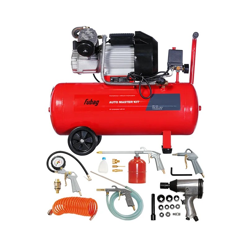 FUBAG AUTO MASTER KIT Компрессор + набор из 10 предметов [45681953/641270] {Реси- вер, л 50 Произ- водит., л/мин 360 Давле- ние, бар 8 Мощность, кВт 2.2  Напря- жение, В 220 Вес, кг 60}