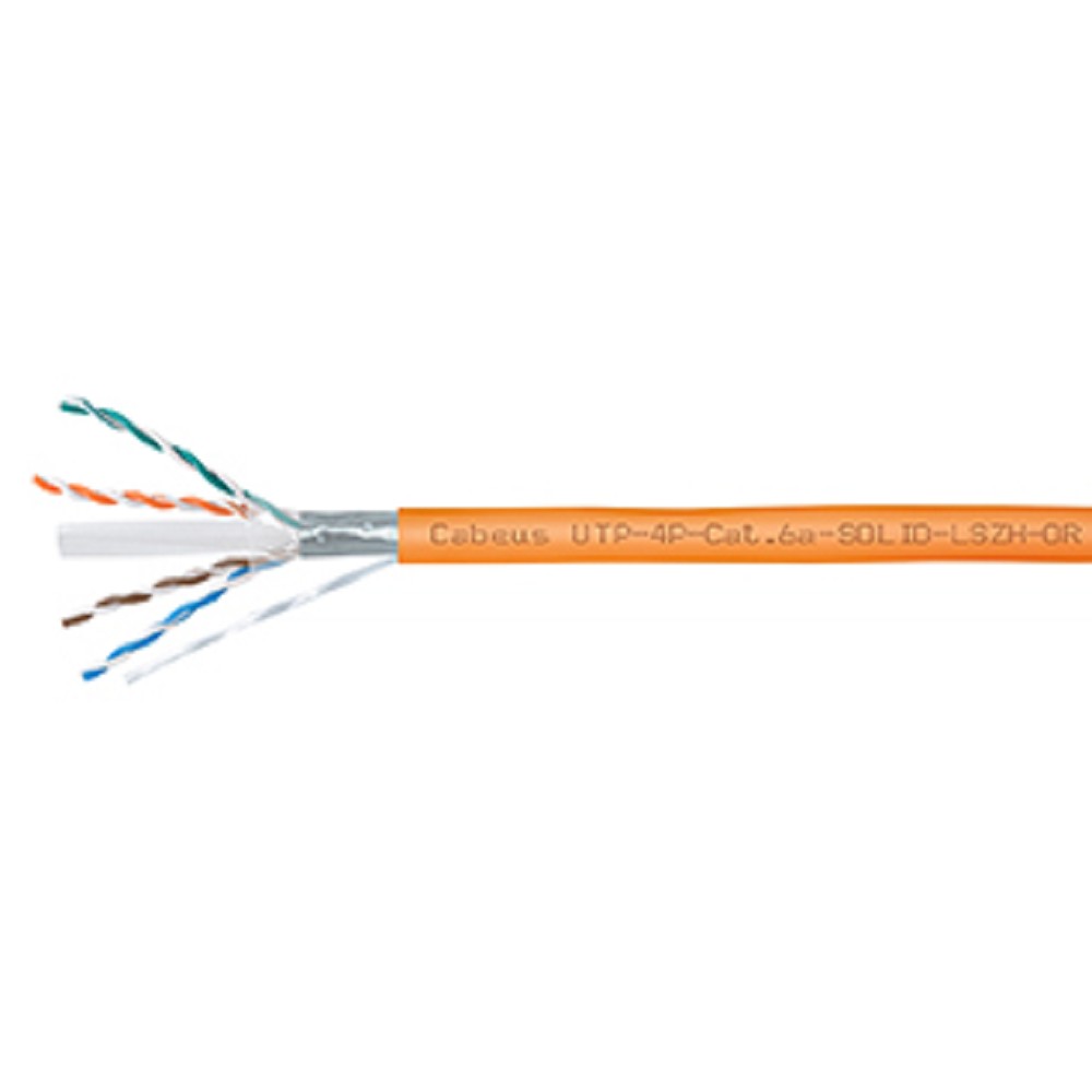 Cabeus UTP-4P-Cat.6a-SOLID-LSZH-OR Кабель витая пара UTP (U/UTP), категория 6A, 4 пары (23 AWG), одножильный, LSZH нг(А)-HF, оранжевый (305 м)