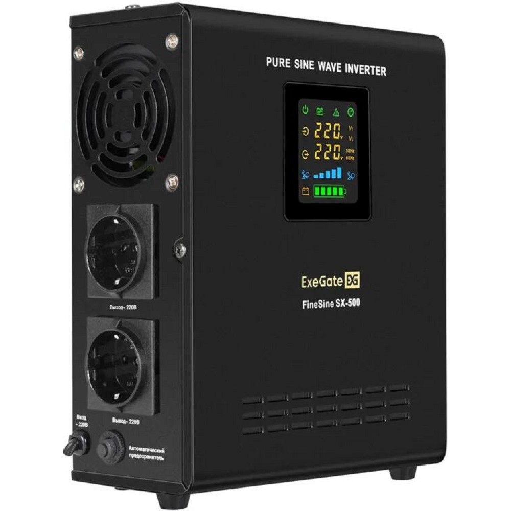 Exegate EX295995RUS ИБП (инвертор, синус, для котла) настенный ExeGate FineSine SX-500.LCD.AVR.2SH <500VA/300W, чистая синусоида, цветной LCD-дисплей, AVR, 2*Schuko, линейно-интерактивный, внешняя бат
