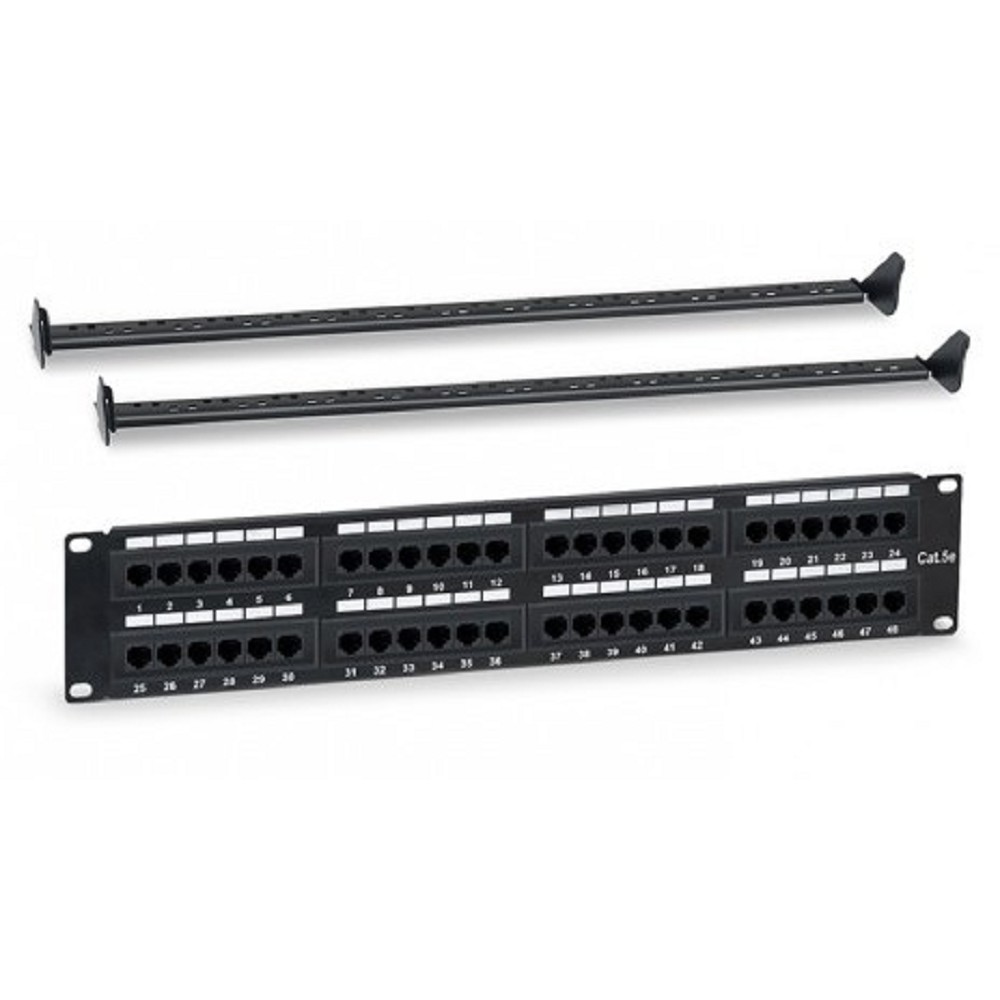 WRline WR-PL-48-C5E-D Патч-панель 19" (2U), 48 портов RJ-45, категория 5e, Dual IDC, с задним кабельным организатором, цвет черный