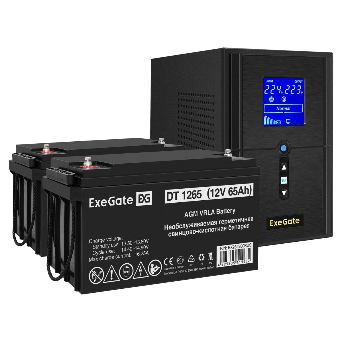 Exegate EX296798RUS Комплект ИБП ExeGate SineTower SZ-1000.LCD.AVR.2SH.1C13.USB + Батарея DT 1265 65Ач 2шт (ИБП <EX295987RUS: 1000VA/800W, чистая синусоида, LCD-дисплей, AVR, 2*EU/Тип F(Schuko)+1*C13,