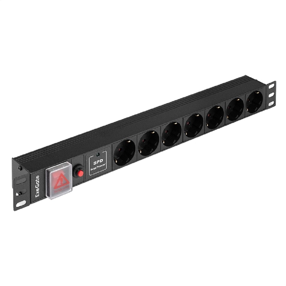 Exegate EX299607RUS Блок розеток с сетевым фильтром (Surge Protect), защитой от перегрузки и разъемом подключения C14 ExeGate ServerPro PDU-19H702 Al-7S-C14-SW-O-SPD1 (19", 1U, Алюминий, 7 Schuko, C14
