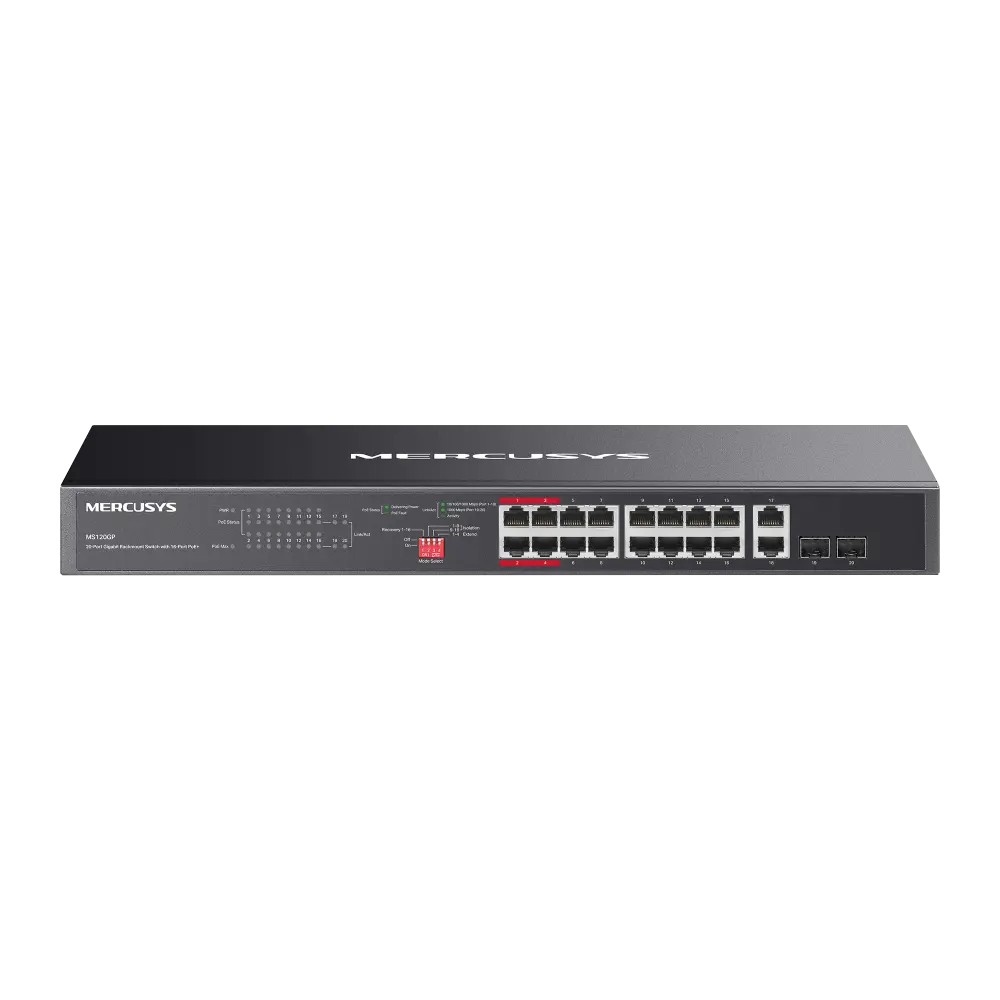 Mercusys MS120GP 20-портовый гигабитный монтируемый в стойку коммутатор с 16 портами PoE+