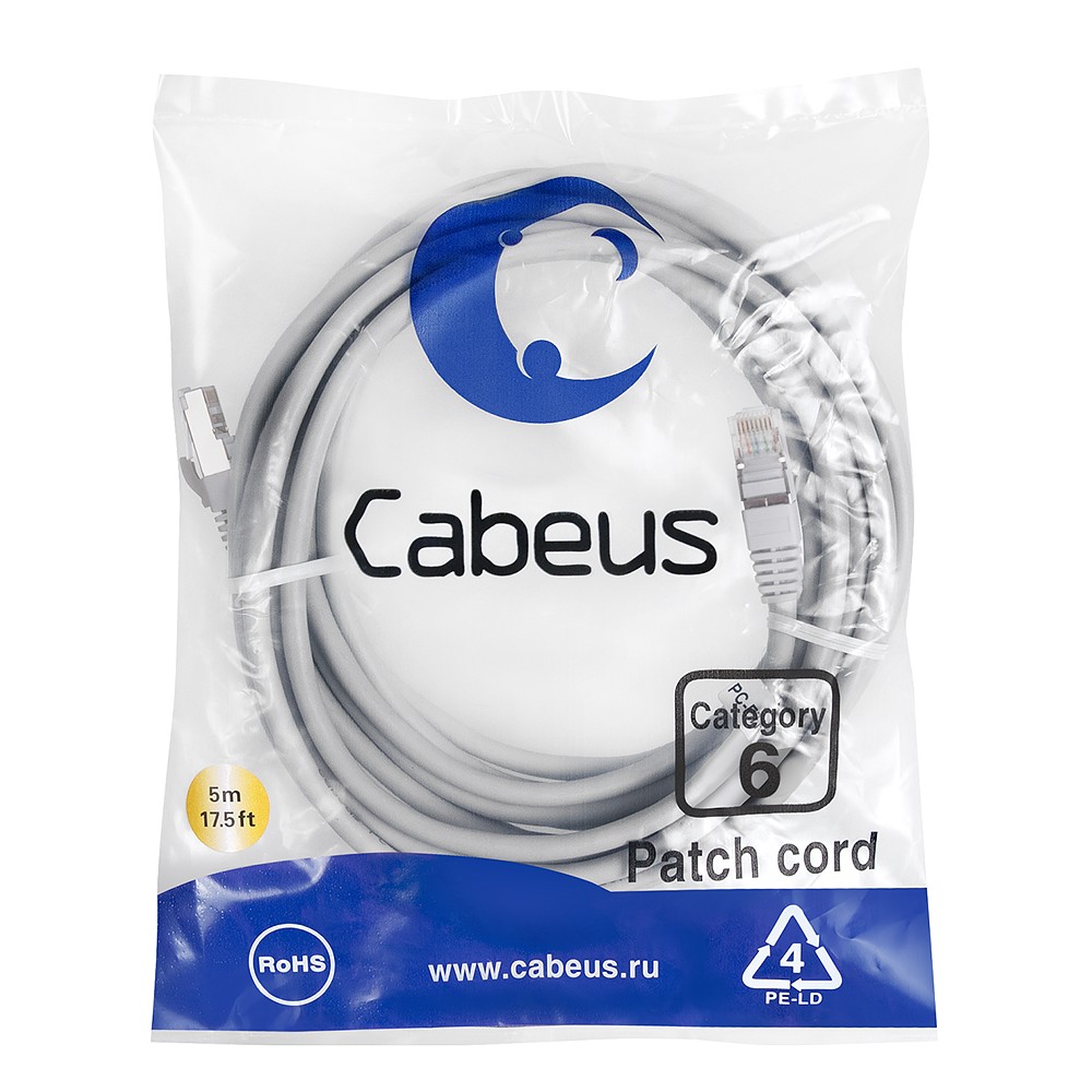Cabeus PC-FTP-RJ45-Cat.6-5m-LSZH Патч-корд F/UTP, категория 6, 2xRJ45/8p8c, экранированный, серый, LSZH, 5м