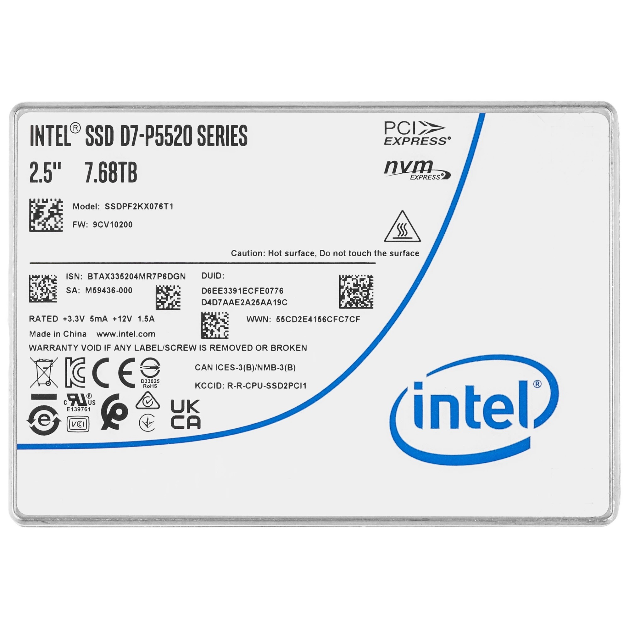 Intel SSD D7-P5520 Series, 7680GB, U.2(2.5" 15mm), NVMe, PCIe 4.0 x4, TLC, SSDPF2KX076T1N1
