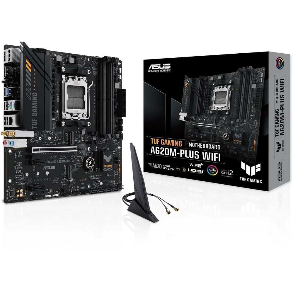 ASUS TUF GAMING A620M-PLUS WIFI (Socket AM5, mATX, 4xDDR5(128GB), 2xDP/HDMI 2.1, 1xPCIe 4.0x16/2xPCIe 3.0, 1xLAN (2.5GbE), Wi-Fi, BT, 4xSATA 6Gb/s, 2xM.2, 2xUSB 3.2, 4xUSB 2.0, 1xPS/2)