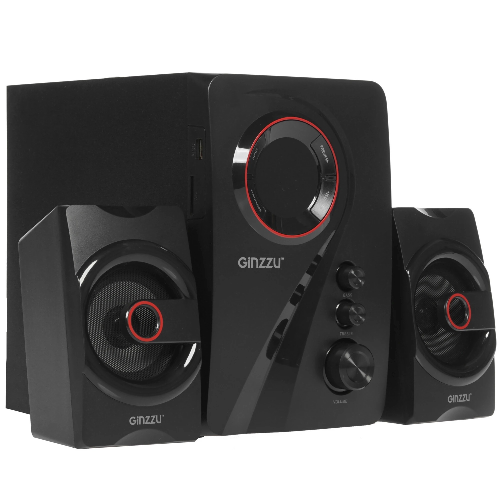 Повреждение упаковки Ginzzu GM-406 2.1 с Bluetooth, выходная мощность 20Вт + 2х10Вт, аудиоплеер USB-flash, SD-card, FM-радио, пульт ДУ - 21 кнопка, стерео вход (2RCA), эквалайзер (обыч