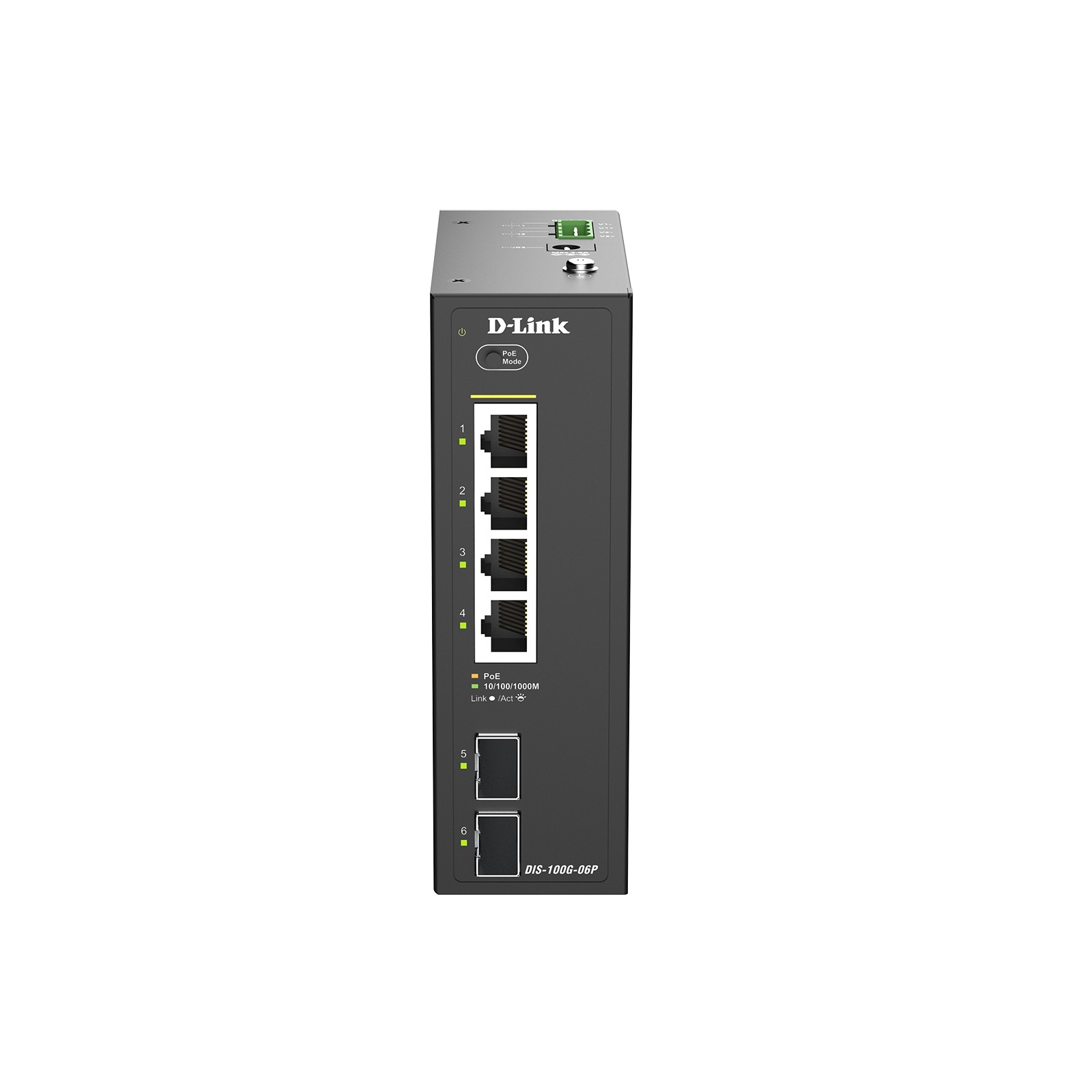 D-Link DIS-100G-06P/A1A Промышленный коммутатор с 4 портами 10/100/1000Base-T и 2 портами 1000Base-X SFP (4 порта PoE 802.3af/at, PoE-бюджет 120 Вт)