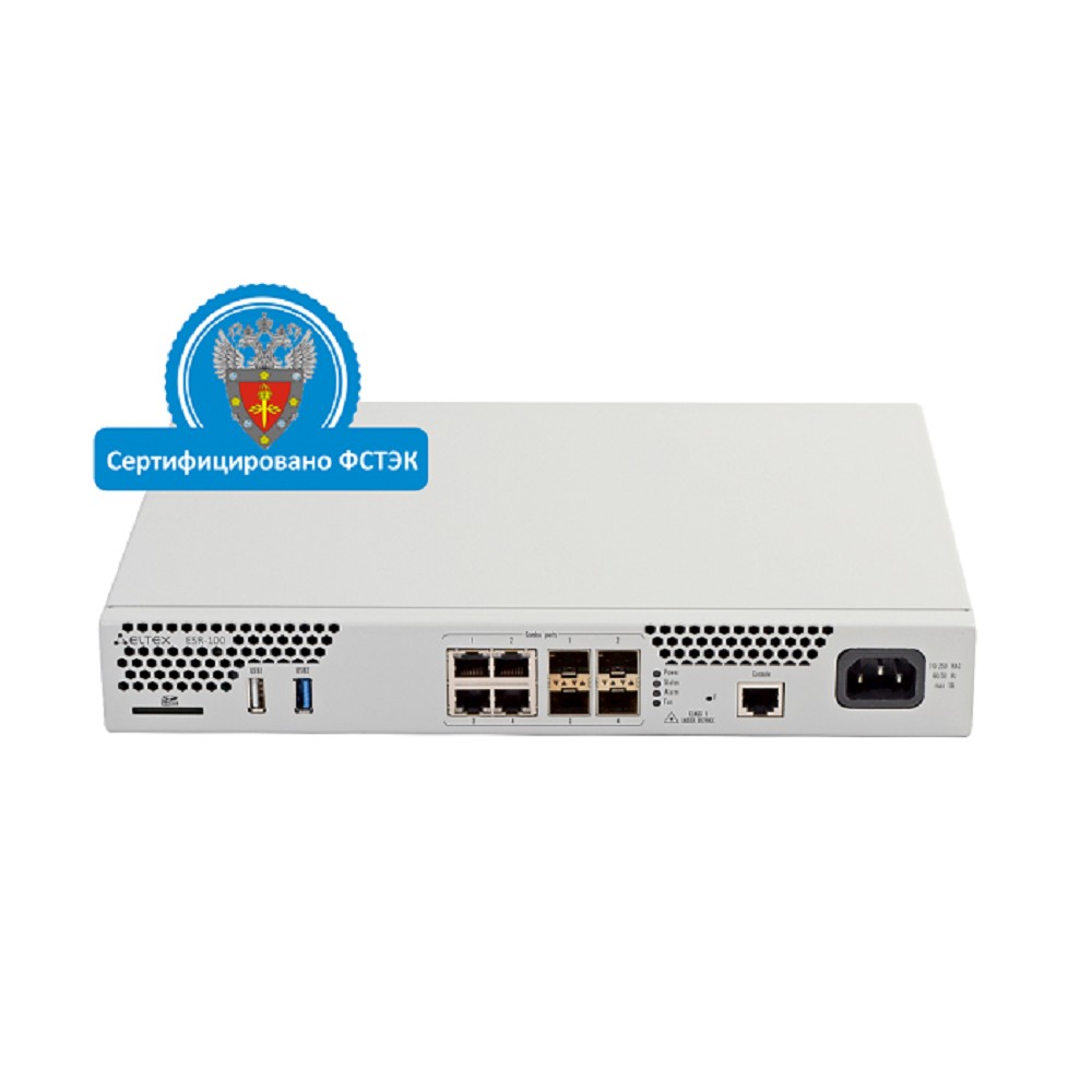 ELTEX ESR-100 FSTEC Межсетевой экран A4, 4xCombo 10/100/1000BASE-T/1000BASE-X SFP, 1xUSB 2.0, 1xUSB3.0, 1 слот для SD-карт, 4 ГБ RAM, 1 ГБ NAND-Flash, 220 В AC