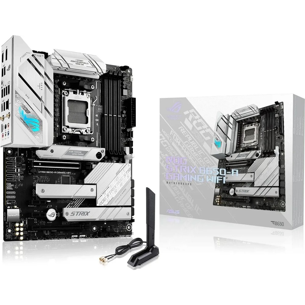 ASUS ROG STRIX B650-A GAMING WIFI (Socket AM5, ATX, 4xDDR5(128GB), DP/HDMI, 2xPCIe 4.0x16,/2xPCIe 4.0, 1xLAN (2.5GbE), Wi-Fi, BT, 4xSATA 6Gb/s, 3xM.2, 2xType-C, 7xUSB 3.2, 4xUSB 2.0)