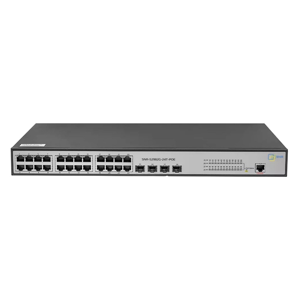 SNR SNR-S2982G-24T-POE Управляемый гигабитный PoE коммутатор уровня 2, 24 порта 10/100/1000Base-T, 4 порта 100/1000Base-X (SFP), бюджет PoE 185 Вт, встроенный БП ~220V AC