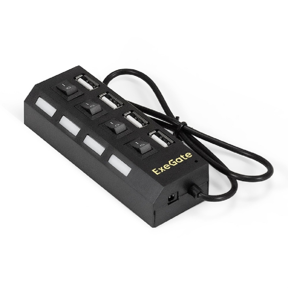 Exegate EX293977RUS USB-Хаб (концентратор) ExeGate DUB-42SW (кабель-адаптер USB2.0 --> 4xUSB2.0, кнопки включения/отключения для каждого порта, Plug&amp;Play, черный)