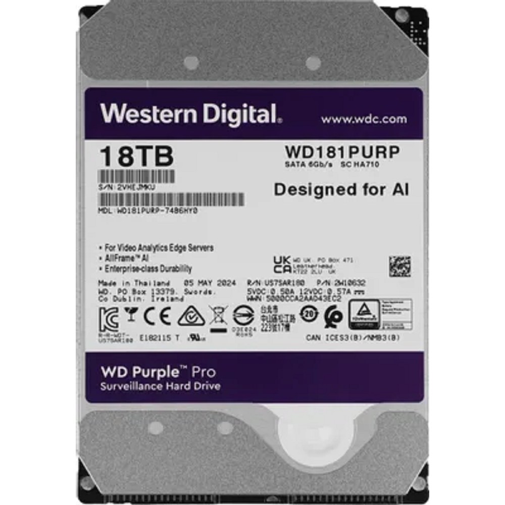 18TB WD Purple Pro (WD181PURP) {Serial ATA III, 7200- rpm, 512Mb, 3.5"}
