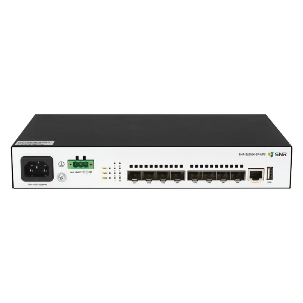 SNR SNR-S5210X-8F-UPS Управляемый коммутатор уровня 2+, 8 портов 1/10G SFP+, встроенный БП ~220V AC, разъем для АКБ 12V с возможностью заряда
