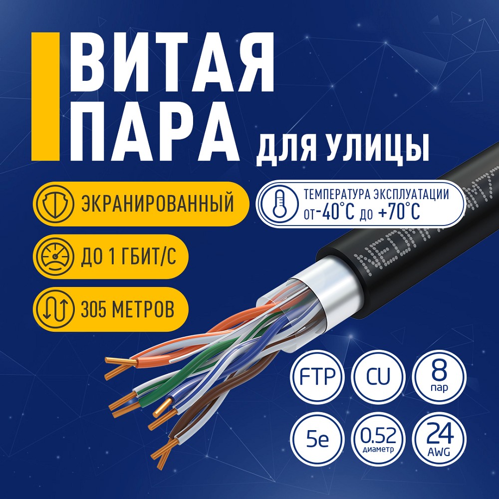 Повреждение упаковки Кабель NEOMAX [NM720032-P] F/UTP cat.5e 4x2x0.52, 24 AWG, Медь, внешний, PE, 305м, черный;  Fluke Tested