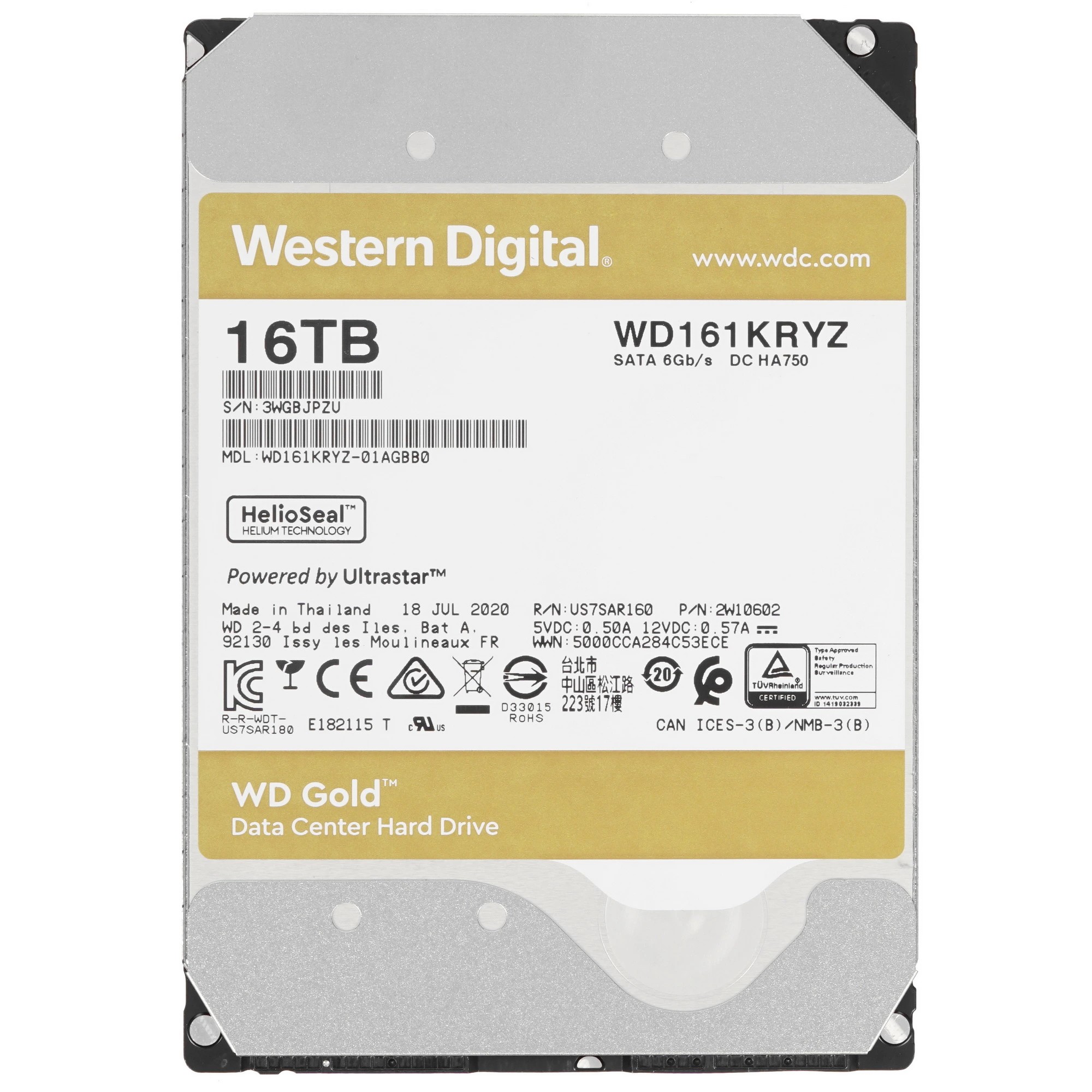 16TB WD Gold  (WD161KRYZ) {SATA III 6 Gb/s, 7200 rpm, 512Mb buffer}
