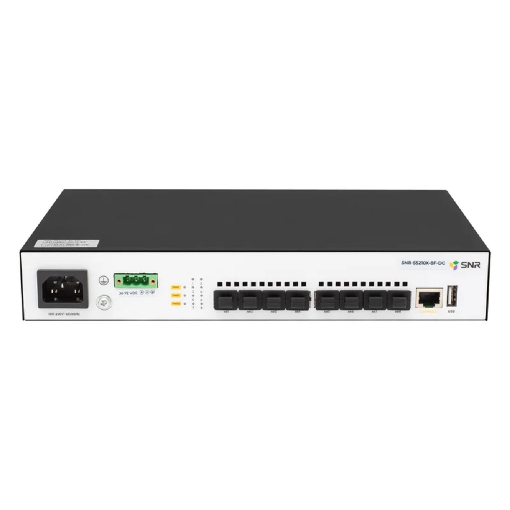 SNR SNR-S5210X-8F-DC Управляемый коммутатор уровня 2+, 8 портов 1/10G SFP+, встроенный БП ~220V AC, RPS 36-72V DC